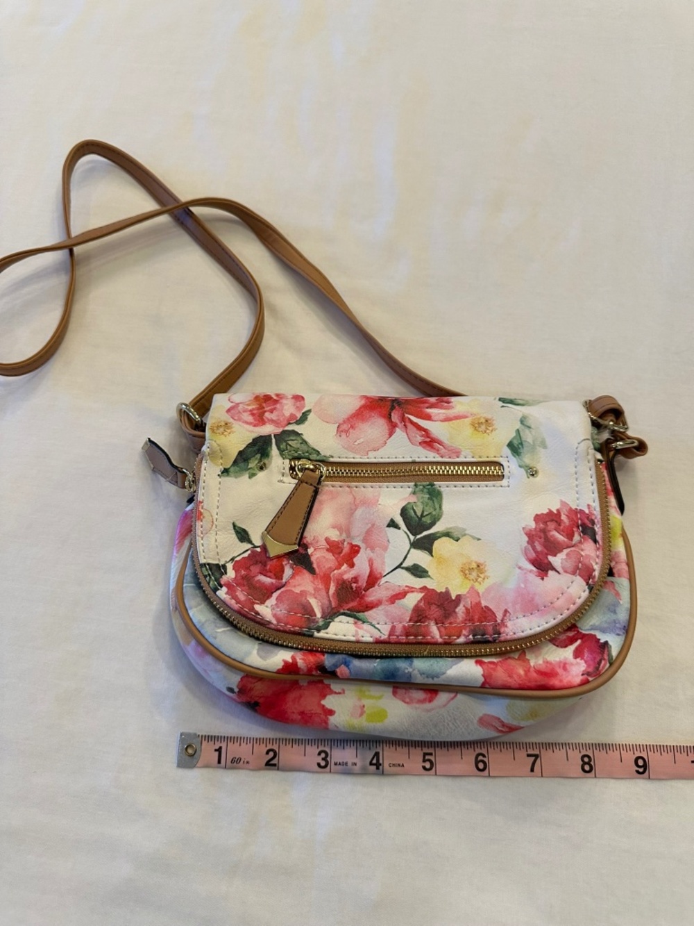 Apt. 9 Floral Crossbody Purse Watercolor Flowers Tan Trim Small Handbag